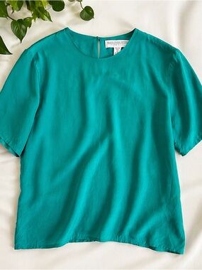90s Teal Silk Blouse Minimalist Jewel Tone